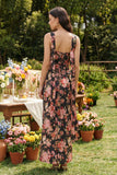 Robe midi en satin sans bretelles à fleur rose noire