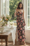 Robe midi en satin sans bretelles à fleur rose noire