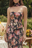 Robe midi en satin sans bretelles à fleur rose noire