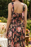 Robe midi en satin sans bretelles à fleur rose noire