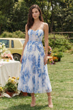 Corset de fleurs blanches bleues en ligne A en tulle à bretelles fines robe midi