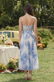 Corset de fleurs blanches bleues en ligne A en tulle à bretelles fines robe midi