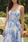 Corset de fleurs blanches bleues en ligne A en tulle à bretelles fines robe midi