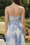 Corset de fleurs blanches bleues en ligne A en tulle à bretelles fines robe midi