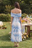 Robe midi en tule fleur bleue, ligne A, décollée d’épaules, corset avec fente