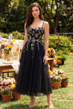 Robe midi noire en tulle à bretelles fines appliquées