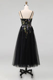 Robe midi noire en tulle à bretelles fines appliquées