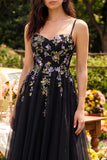 Robe midi noire en tulle à bretelles fines appliquées