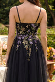 Robe midi noire en tulle à bretelles fines appliquées