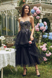 Robe Midi noire en organza ligne A appliquée sans bretelles