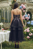 Robe Midi noire en organza ligne A appliquée sans bretelles
