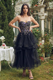 Robe Midi noire en organza ligne A appliquée sans bretelles