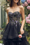 Robe Midi noire en organza ligne A appliquée sans bretelles