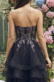 Robe Midi noire en organza ligne A appliquée sans bretelles