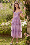 Robe midi en tulle à étages violette à trajets décollés