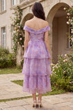 Robe midi en tulle à étages violette à trajets décollés