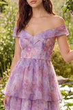 Robe midi en tulle à étages violette à trajets décollés