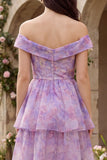 Robe midi en tulle à étages violette à trajets décollés