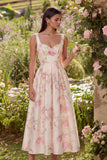 Robe midi rose à dos sans dos en satin à motif fleur avec nœud papillon