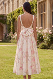 Robe midi rose à dos sans dos en satin à motif fleur avec nœud papillon