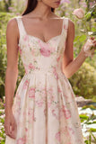 Robe midi rose à dos sans dos en satin à motif fleur avec nœud papillon