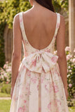 Robe midi rose à dos sans dos en satin à motif fleur avec nœud papillon