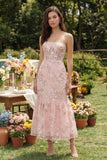 Robe midi midi corset sirène sans bretelles appliquée rose
