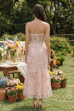 Robe midi midi corset sirène sans bretelles appliquée rose