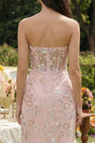 Robe midi midi corset sirène sans bretelles appliquée rose