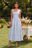 Robe d'invitée de mariage midi bleue ligne A col carré jacquard avec fermeture éclair arrière