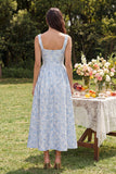 Robe d'invitée de mariage midi bleue ligne A col carré jacquard avec fermeture éclair arrière
