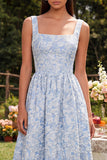 Robe d'invitée de mariage midi bleue ligne A col carré jacquard avec fermeture éclair arrière