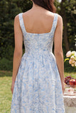 Robe d'invitée de mariage midi bleue ligne A col carré jacquard avec fermeture éclair arrière