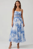 Corset A-Line en tulle fleur bleu blanc robe midi bretelles fines