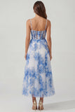 Corset A-Line en tulle fleur bleu blanc robe midi bretelles fines