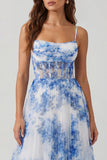 Corset A-Line en tulle fleur bleu blanc robe midi bretelles fines