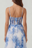 Corset A-Line en tulle fleur bleu blanc robe midi bretelles fines