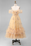 Robe midi en tulle jaune à fleurs dénusées avec volants