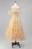 Robe midi en tulle jaune à fleurs dénusées avec volants