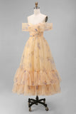 Robe midi en tulle jaune à fleurs dénusées avec volants