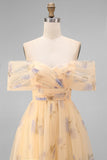 Robe midi en tulle jaune à fleurs dénusées avec volants