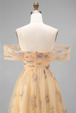 Robe midi en tulle jaune à fleurs dénusées avec volants