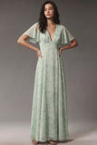 Robe d'invitée de mariage midi vert sauge poussiéreux col V manches courtes