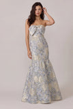 Robe invitée de mariage sirène en satin Jacquard bleu poussiéreux avec nœud papillon
