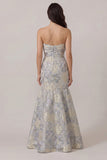 Robe invitée de mariage sirène en satin Jacquard bleu poussiéreux avec nœud papillon
