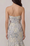 Robe invitée de mariage sirène en satin Jacquard bleu poussiéreux avec nœud papillon