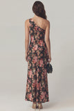 Robe midi en satin à une épaule à fourreau fleur rose noire