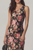 Robe midi en satin à une épaule à fourreau fleur rose noire