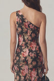 Robe midi en satin à une épaule à fourreau fleur rose noire