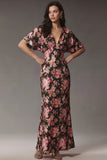 Robe midi en satin en satin à col rose rose noire et manches courtes